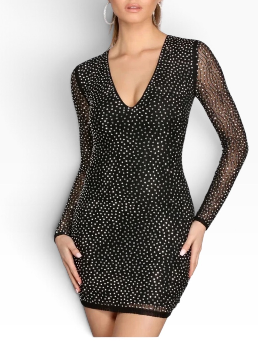 Windsor Black Mesh Rhinestone Long Sleeve V-Neck Bodycon Mini Dress Sz L